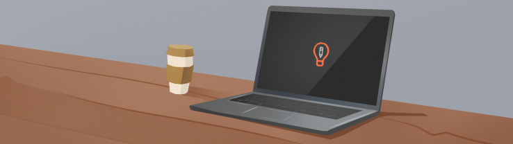 An illustration of a laptop with the Art Prompt logo, set on a table with a coffee cup.