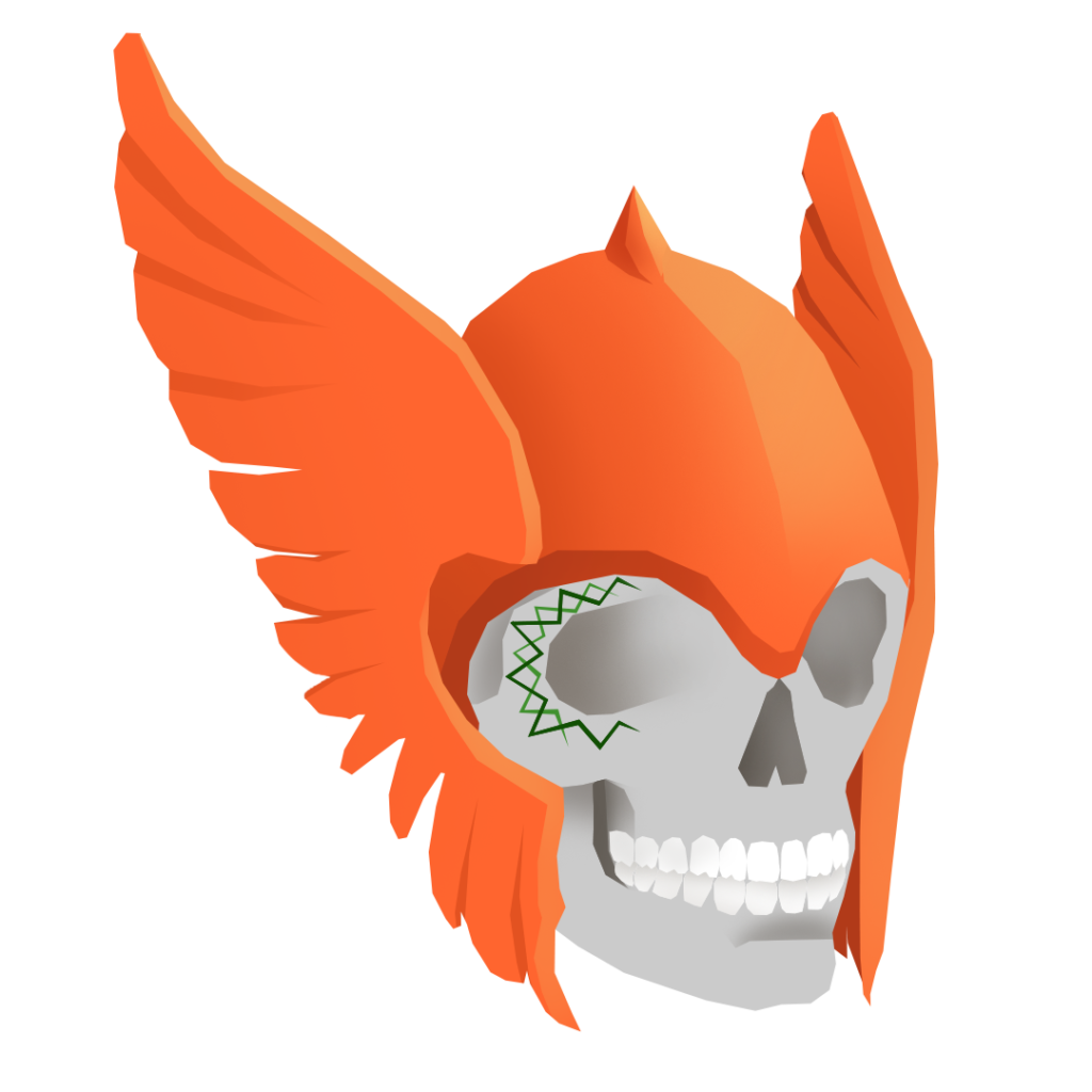 An illustration of a skull with green tattoos and an orange Viking helmet.