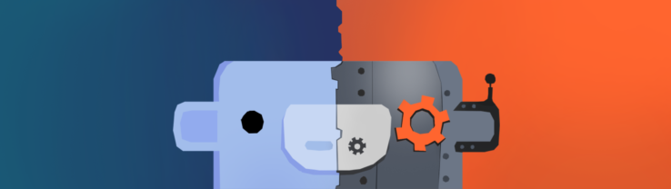 An illustration with Wumpus, the Discord mascot, with a mechanical half of its face.