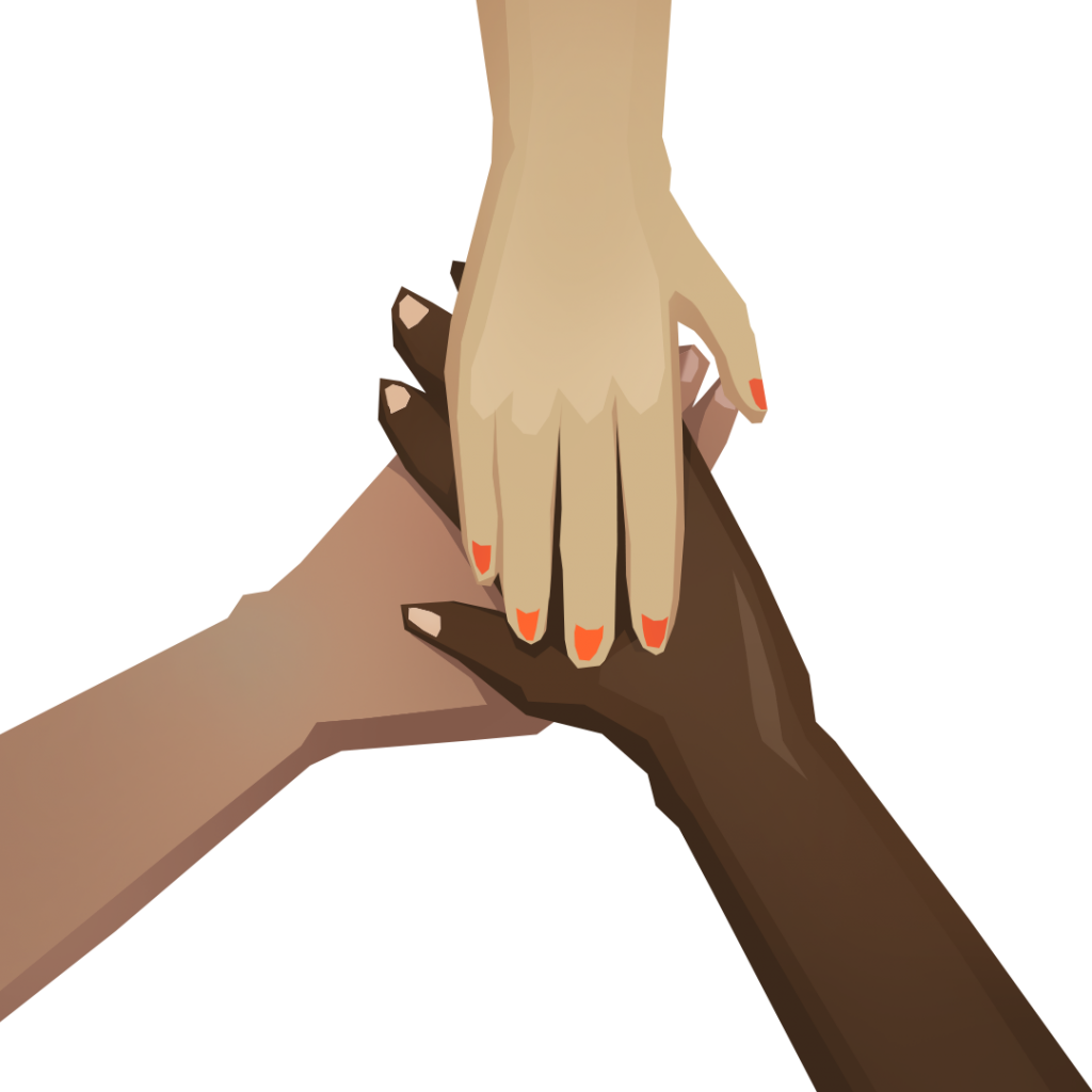 An illustration of three hands together, symbolizing a community.
