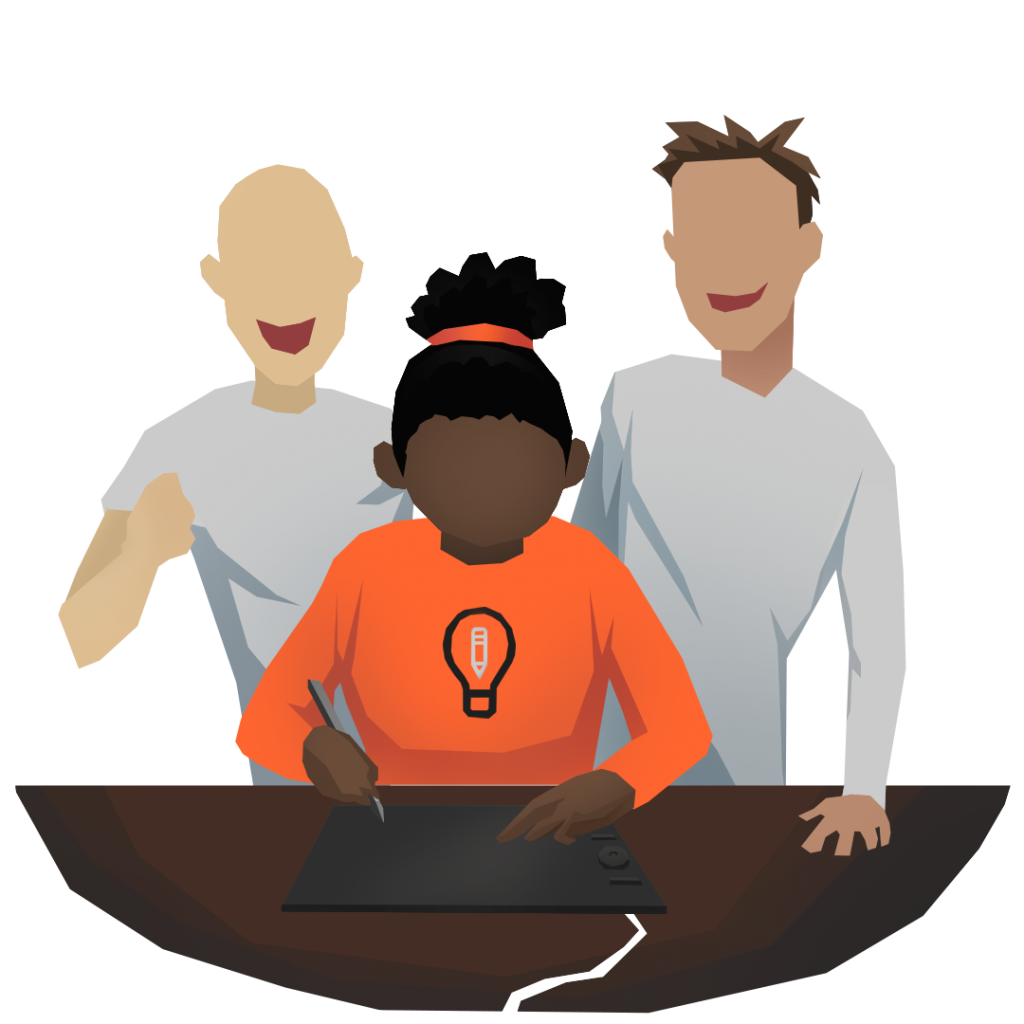 An illustration of a person drawing on a graphic tablet, with two other people behind them cheering them on.