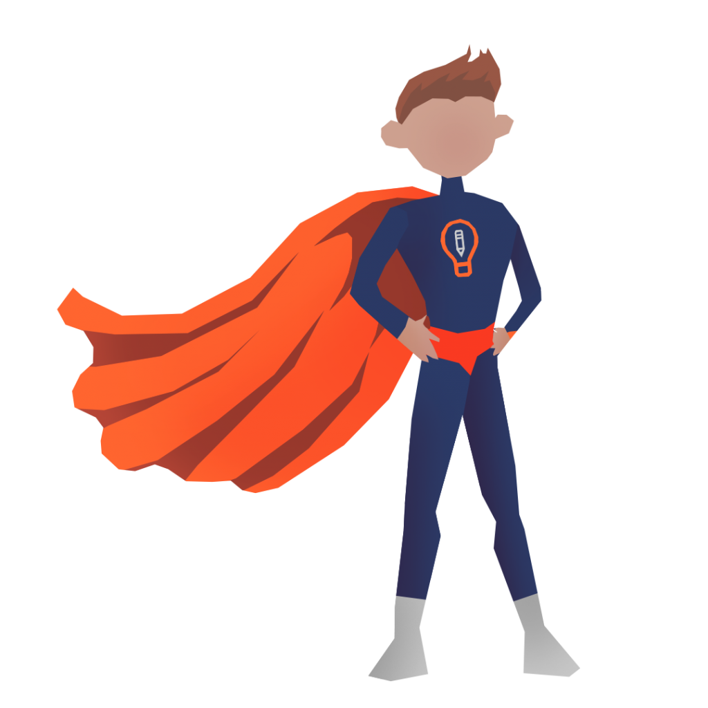 An illustration of a superhero with the Art Prompts logo on their chest.