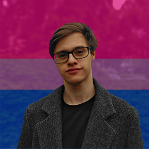 A portrait picture of Tadeas Jun with the bisexual flag in the background.
